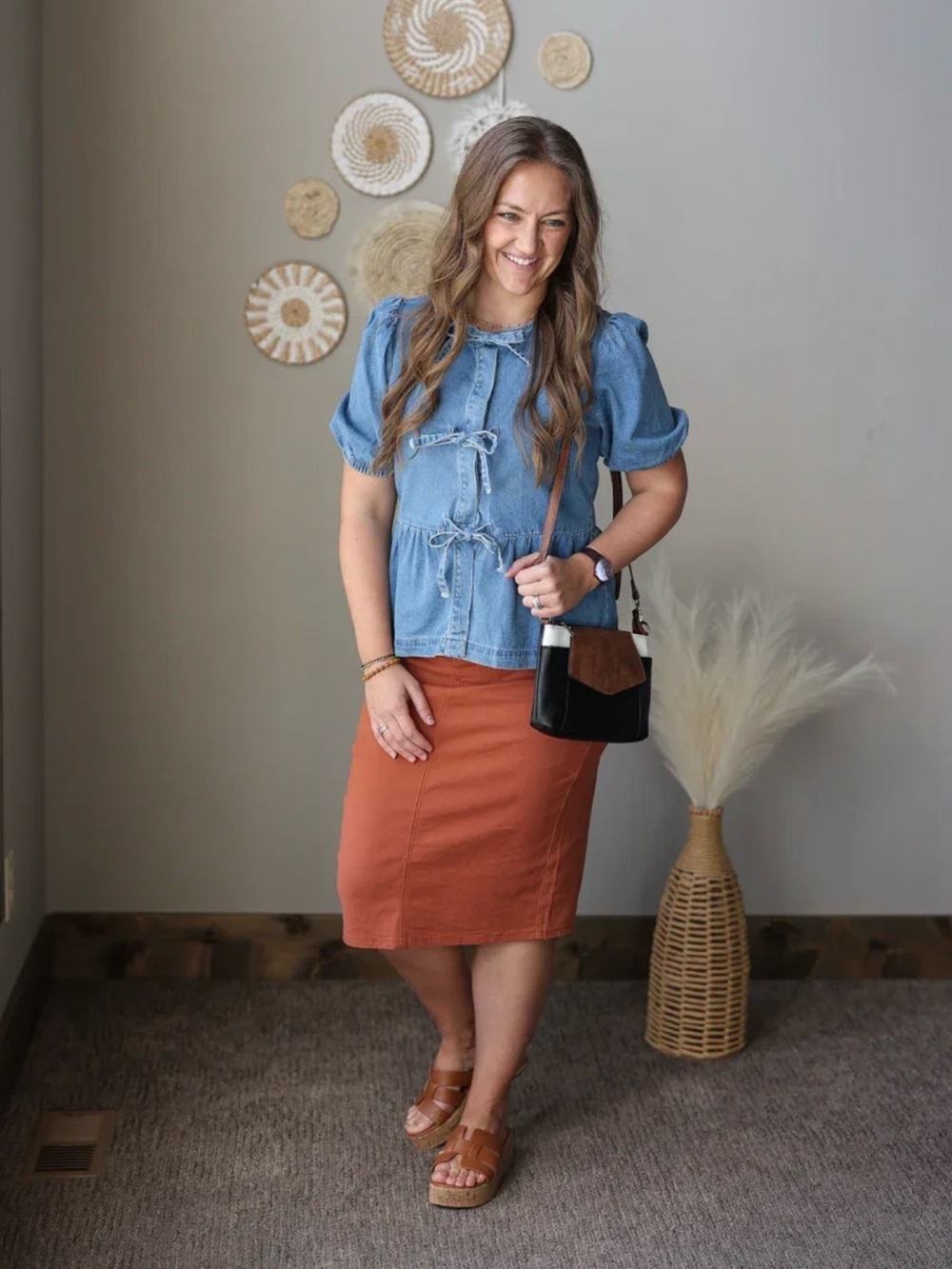 Chambray Tie-Front Puff Sleeve Peplum Denim Blouse